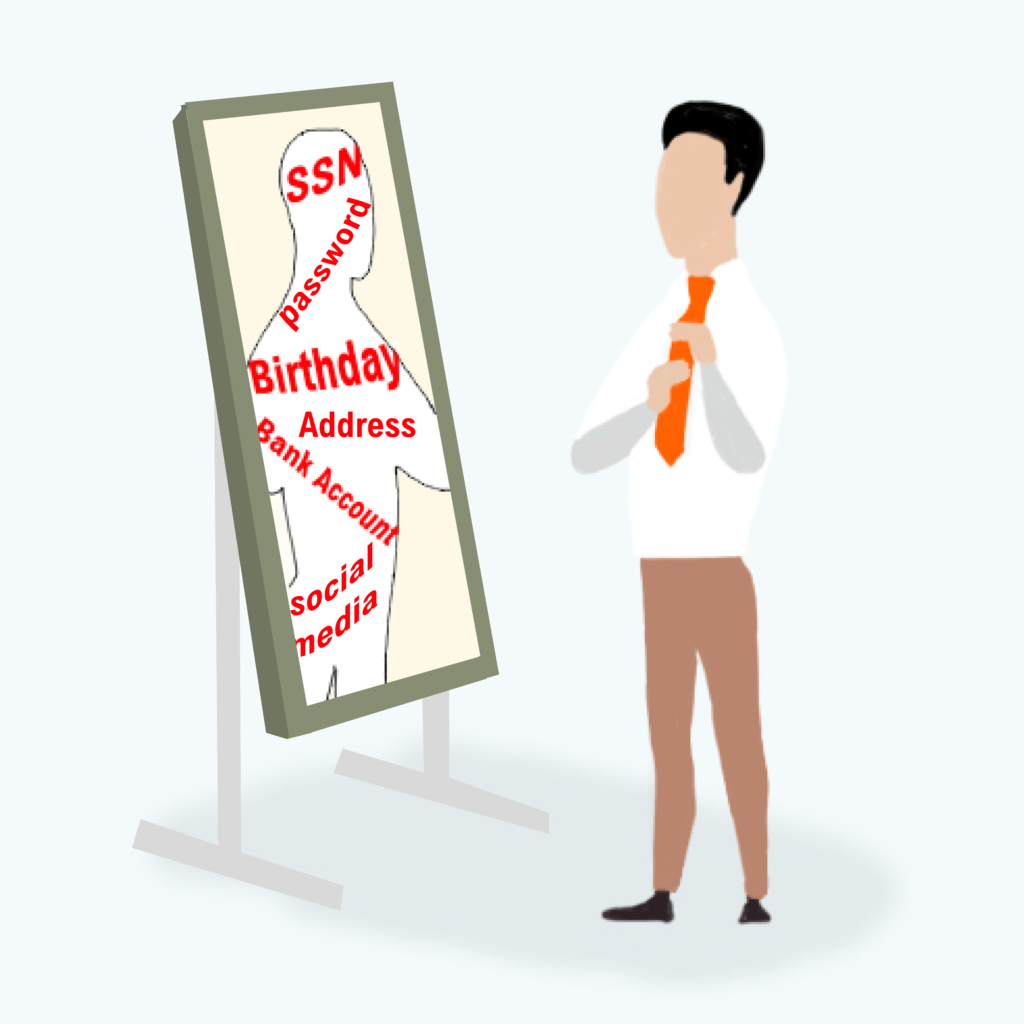 Man in front of a mirror and in his reflection, he sees data points about himself such as passwords, Social Security Number, social media, birthday.